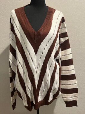 PRETTYGARDEN Sweater Long Sleeve Striped Knitted V Neck Pullover XXL NWT